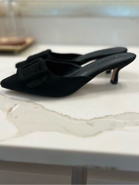 Black Suede Pointed Mule Heels with Bow Accent
